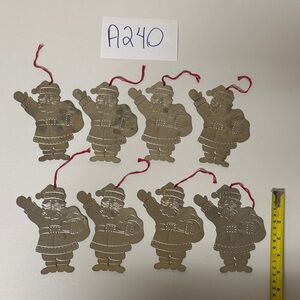 Set of 8 Silver Metal Santa Ornaments